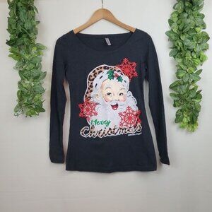 Bohemian Cowgirl Santa Merry Christmas Leopard Print Top Small Long Sleeve